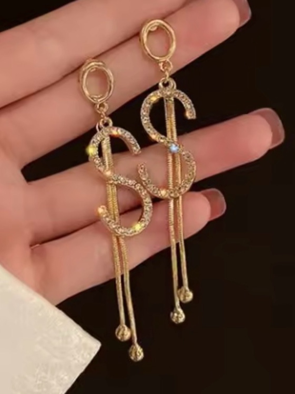 Initial S Tassel Post Earrings Gold Clear Crystal AP29